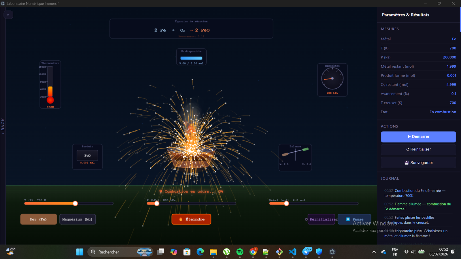 Expérience de combustion manipulée dans EquiLab