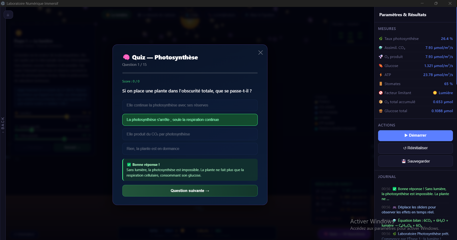 Quiz interactif noté après une expérience EquiLab