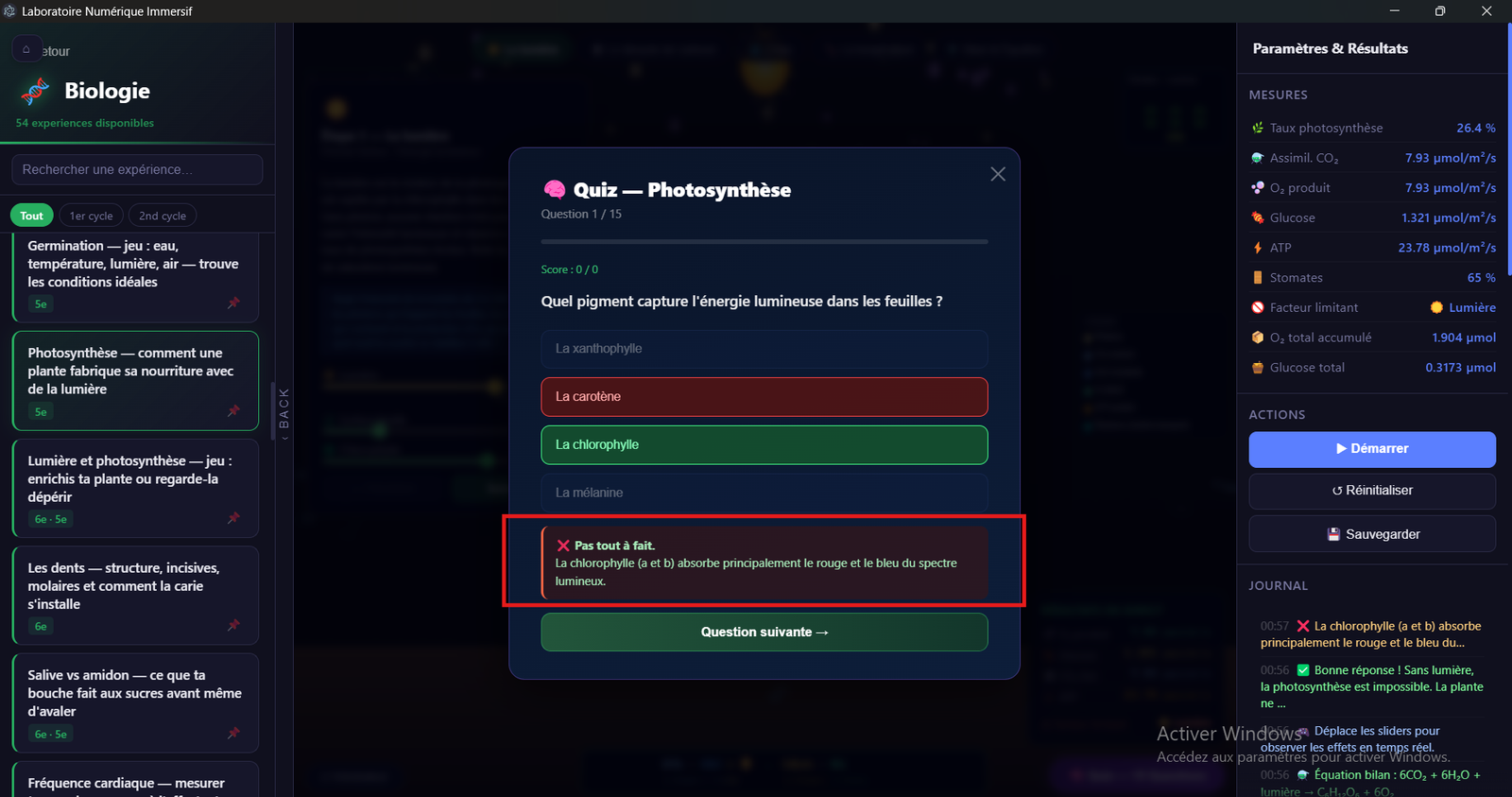 Correction pédagogique d'une réponse dans le quiz EquiLab
